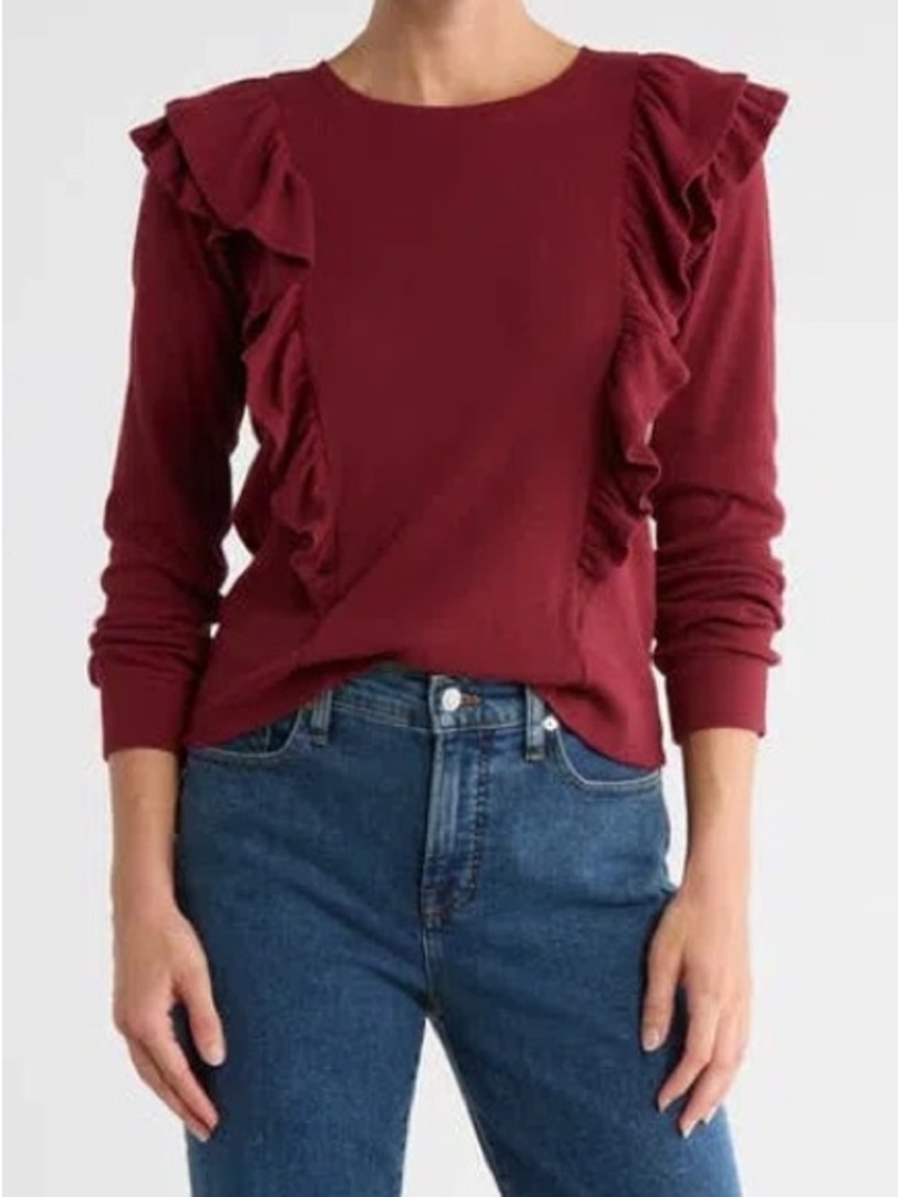 Melrose and Market Ruffle-Trim Long Sleeve Top in Wine